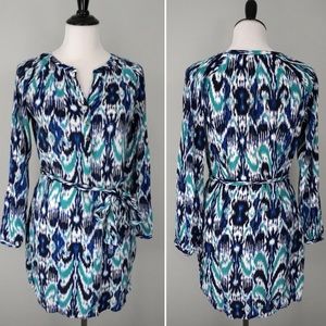 Banana Republic v neck tie waist blue ikat shirt dress size 2 long sleeve